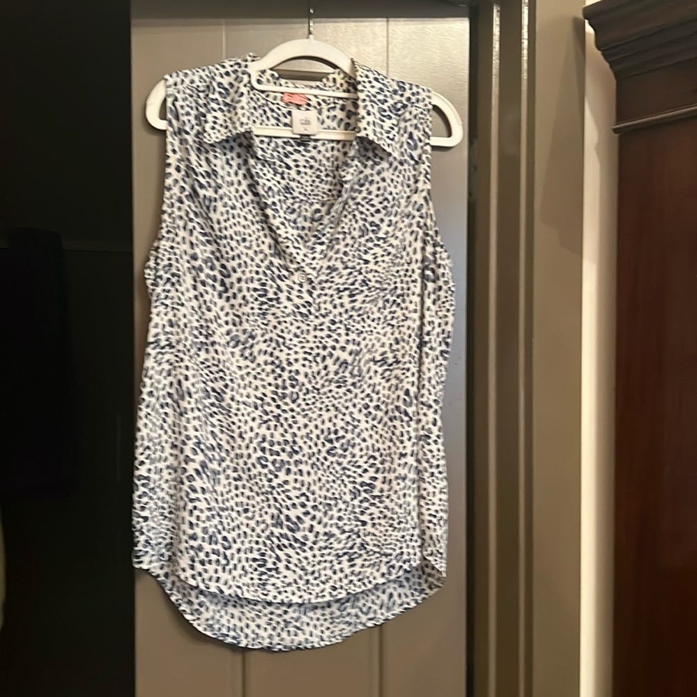CAbi blue and White animal print v-neck collared sleeveless blouse